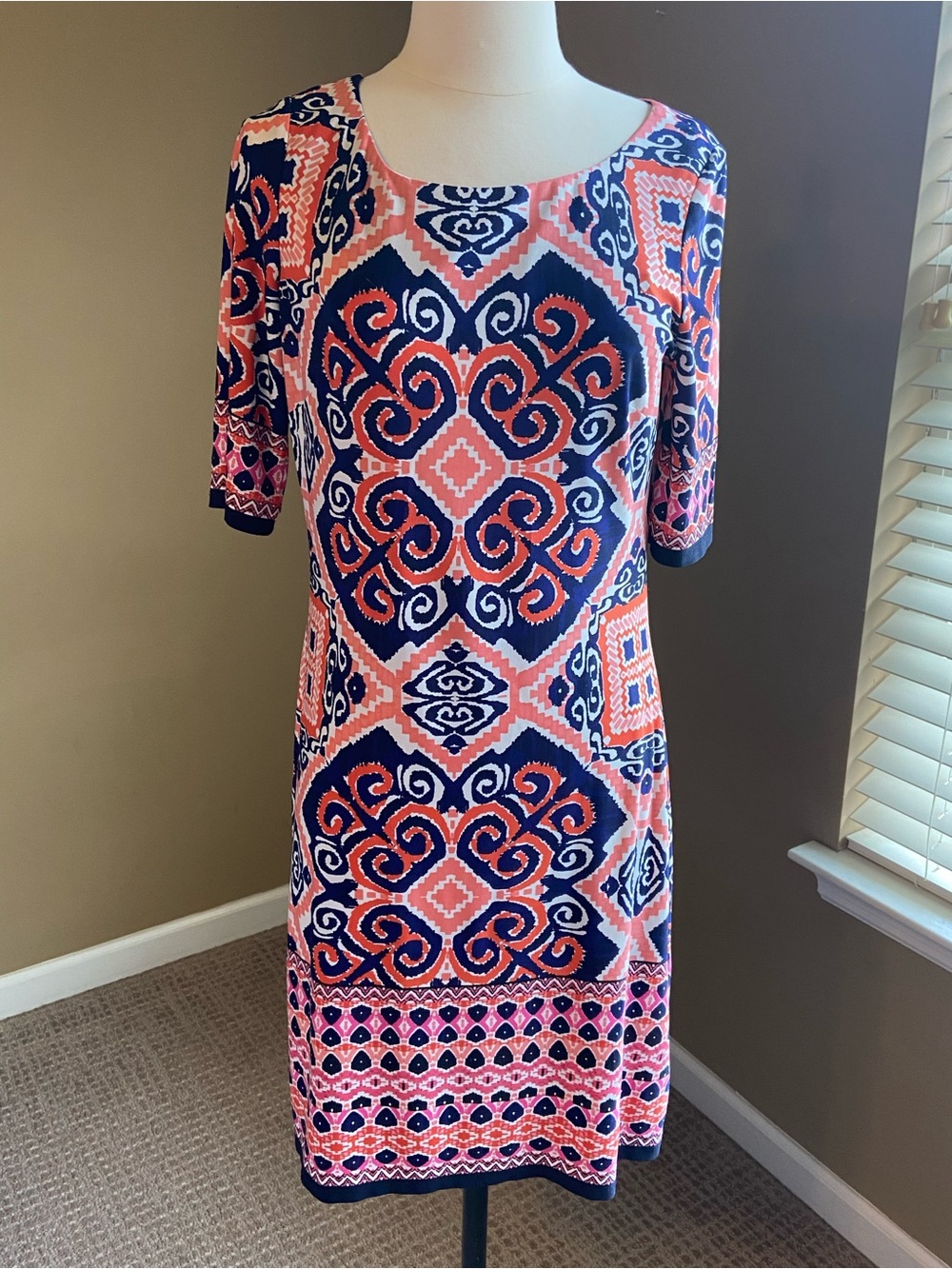 Eliza‎ J Moroccan Medallion Coral and Navy Printed Midi Shift Dress, Size 8